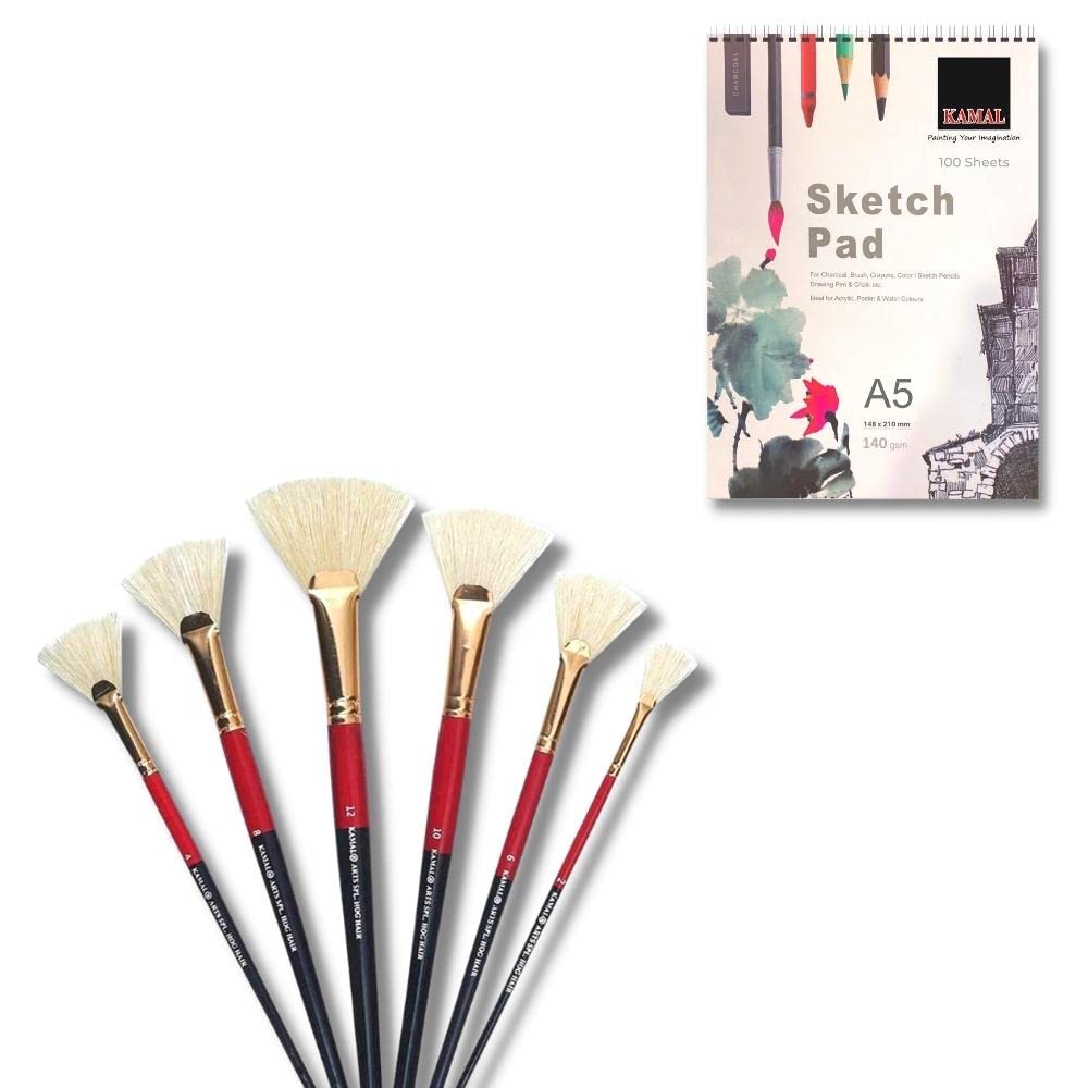 KAMAL HOG Hair Fan Brush Set for Acrylic Painting, Oil Painting with A5 Sketch Pad 120LB/140GSM 50 Sheets