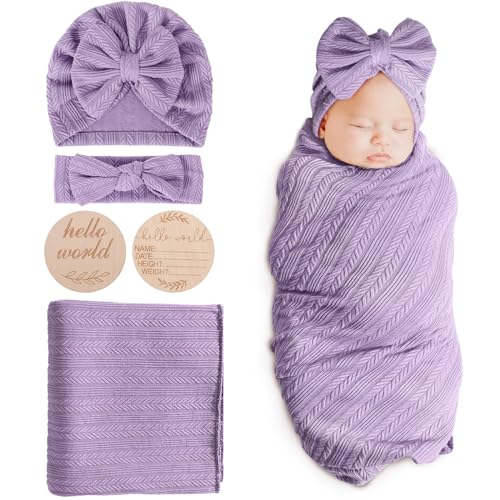 Image of DRESHOW BQUBO Baby Swaddle Blankets for Girls, 4PCS Newborn Accessories Set with Matching Hat and Bow Headband with Hello World Wooden Birth Announcement Card, Baby Blankets for Girls (Purple)
