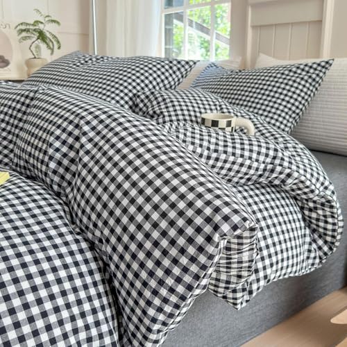 Image of LifeTB Black Gingham Comforter Full Size Boho Plaid Checkered Pattern Comforter Geometric Grid Plaid Printed Bedding Comforter Set with 2 Pillowcases Fluffy Bed Luxury Soft Gingham Bedding Set Full