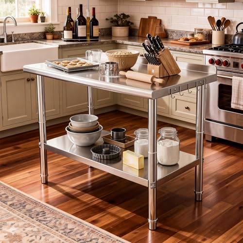 Image of DWVO 48x24in Stainless Steel Table with Backsplash | NSF Metal Prep Worktable for Kitchen Restaurant Hotel Garage Warehouse Home Commercial
