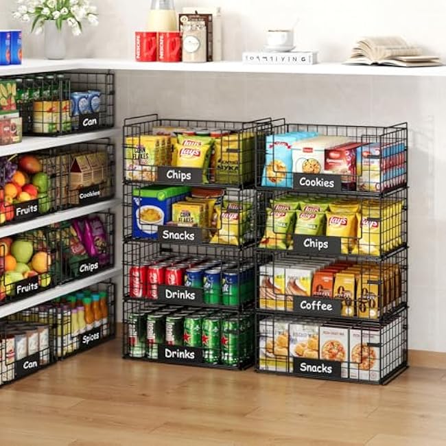 JKsmart 4 Pack XXL Stackable Wire Baskets with Handles for Pantry Storage and Organization,Fruit and Vegetable Basket with Name Plates,Metal Storage Bins for Snack Can Fruit Veggies