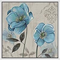 SIGNWIN Framed Canvas Wall Art Russio Blue Magnolias with Biege Background Floral Flower Oil Painting Impressionism Modern Closeup Expressive for Living Room, Bedroom, Office - 16