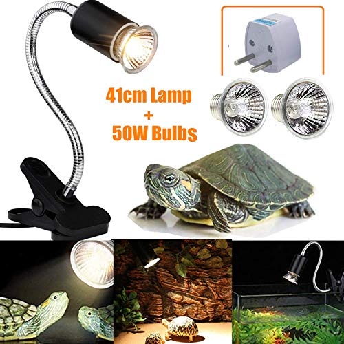 STARPIA Lámpara para Tortuga + 50w Bombilla, UVA UVB Basking Lámpara de Calor Halógena Iluminación de Calor Foco con Clip para Reptiles Acuario Tortuga Lagarto (UK Plug + Adaptador)