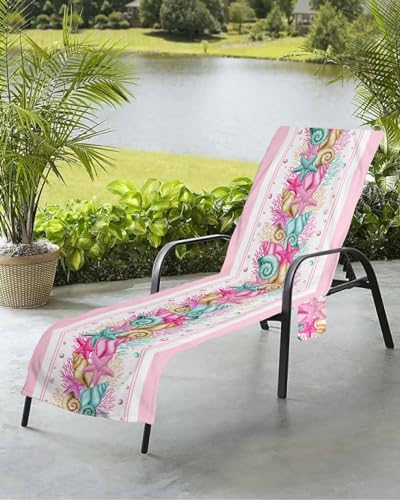 Beach Pool Patio Lounge Chaise Chair Cover Towel with Pockets,Nautical Starfish Absorbent & Quick Dry Microfiber Towel Cover Bag Summer Travel Accessories Pink Teal Conch Coral Pearl Beach Stripe