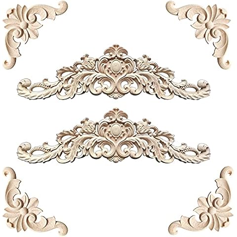Gotetiso Holz Ornamente 6 Stück Zierleisten Holz Holzornamente Holz Schnitzerei Deko Geschnitztes Holz Holzornamente für Möbel Vintage Massivholz Geschnitzte Ornamente für Möbel Cover