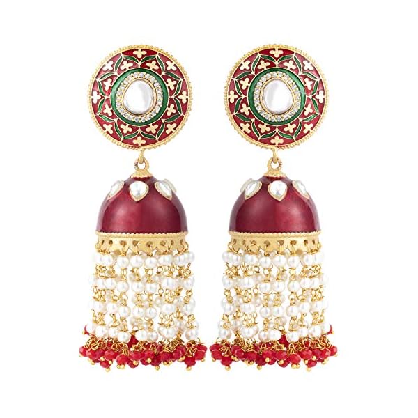 Peora Enamel Kundan Long Pearl Jhumka Earrings for Women