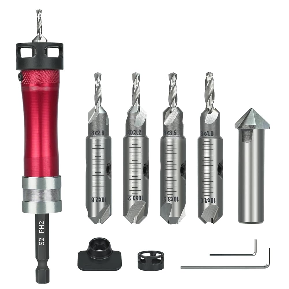 Aundhegrtt Red Countersink Drill Bits With A Screwdriver Bit, 2.8/3.2/3.5/4.0Mm Drill Diameter Dia X 8/10 Mm Countersink Diameter Set
