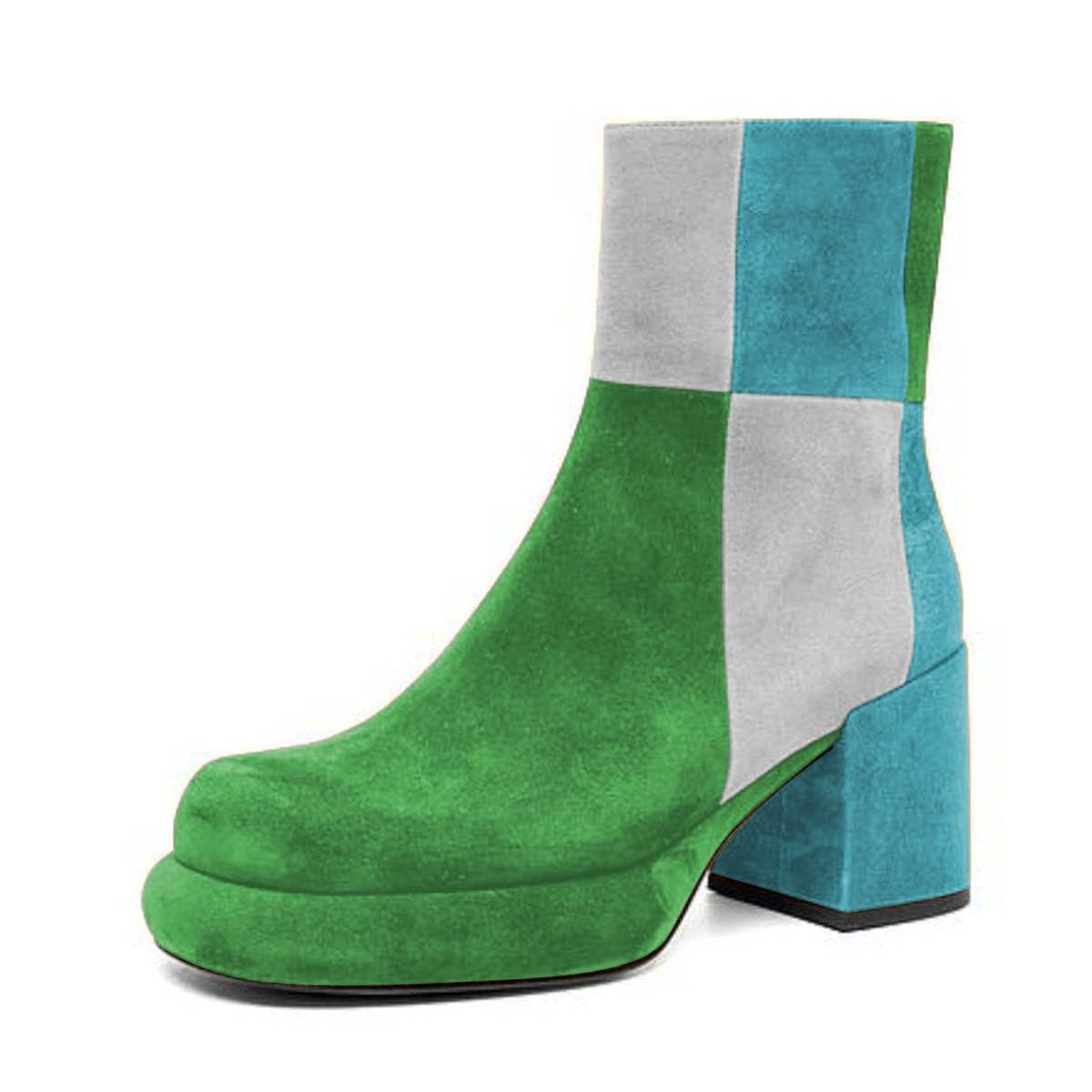 miss left Women Classy Patchwork Chunky Heel Ankle Booties Rounded Toe Mid Heels Zipper Platform Short Boot Prom