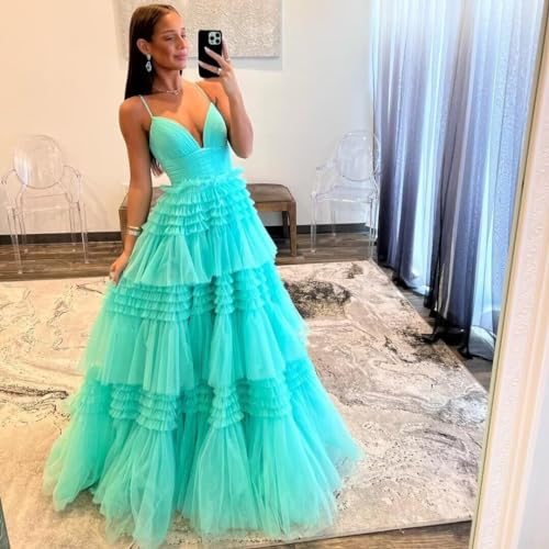 Tiered Tulle Prom Dresses with Slit Spaghetti Straps Glitter Formal Party Evening Gowns for Women4