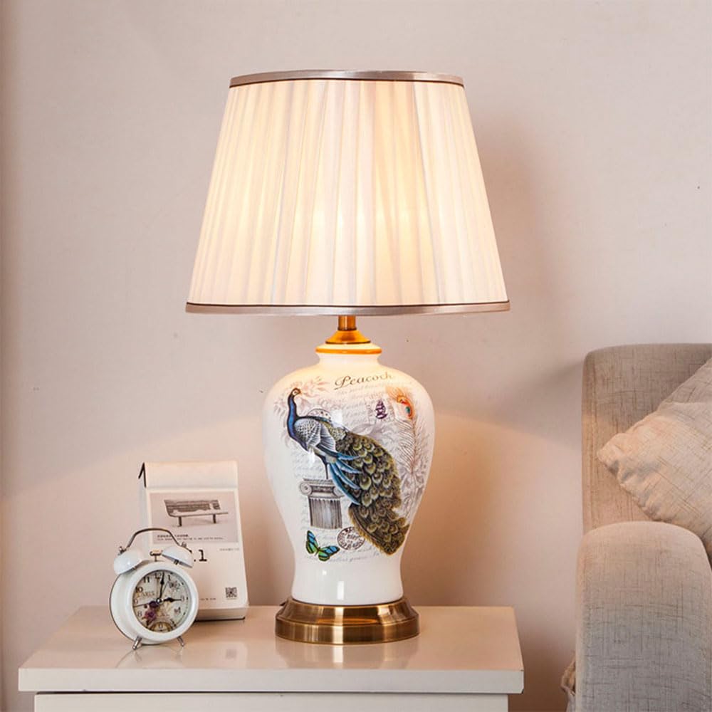 SGKOMN Hand-Painted Ceramic Table Lamp 23.6" Beside Lamps American Ceramic Lamp Body With Fabric Lampshade Nightstand For Living Room Bedroom Home Office