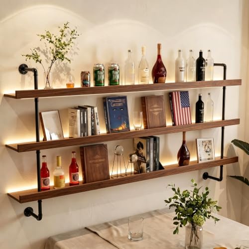 Image of HOUSESET 36 /48 /60 /72 /84in Wine Wall Rack with Led Lights, 3-Tiers Modern Pipe Liquor Bottle Display Shelf, Bar Shelves Wall Mounted for Commercial Bar, Restaurant, Home