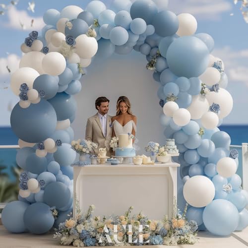 Image of AULE 155Pcs Dusty Blue Balloon Arch Kit White Balloons | Macaron Blue Balloon Garland for Birthday Graduation Anniversary Gender Reveal Shower Theme Party Decoration