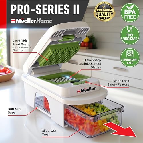Image of MUELLER HOME Pro-Series All-in-One, 12 Blade Mandoline Slicer for Kitchen, Food Chopper, Cucumber Slicer and Spiralizer, Cutter, Dicer, Grater, Gifts for Mom, Kitchen Essentials, White Sand /Green