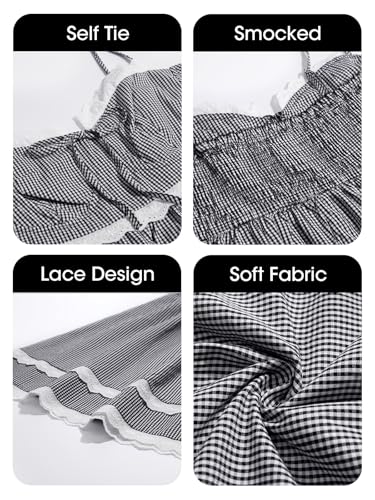 Image of Wenrine Womens Summer Mini Dress Spaghetti Strap Sweetheart Y2K Plaid Lace Trim Tiered Beach Sundress Dresses