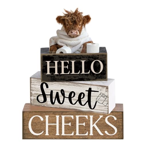 Image of Moucuny 4 Pcs Bathroom Shelf Decor Highland Cow Farmhouse Bathroom Decor and Accessories Rustic Eucalyptus Leaves Hello Sweet Cheeks Highland Cow Sign Western Table Centerpiece for Home Office Toilet