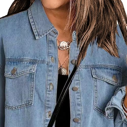 Denim Jackets for Women Trendy Oversized Button Up Frayed Hem Shacket Long Sleeve Denim Jean Jacket2