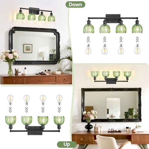 Image of Vanity Lighting Fixtures,4 Light Bathroom Vanity Light,Black Bathroom Light Fixtures Over Mirror,27.2 in Vintage Sconce with Green Tulip Glass Shade for Bedroom,Dressing Table, E26 Base