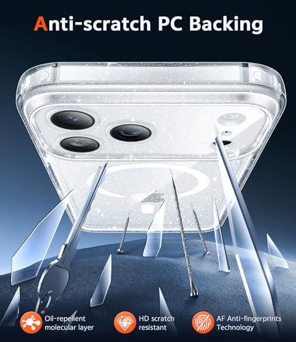 Image of FNTCASE for iPhone 17 Pro-Max Case: Clear Magnetic Phone Cases Compatible with Magsafe Slim Anti Yellowing Military Grade Drop Protection Rugged Protective Transparent Cell Cover (B-Glitter Magnetic)
