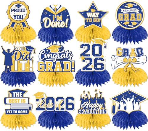12Pcs Yellow and Blue Graduation Decorations Honeycomb Centerpieces Class of 2026 Graduations Centerpieces for Tables Yellow and Blue Congrats Grad Graduation Table Decoration Grad Centerpiece