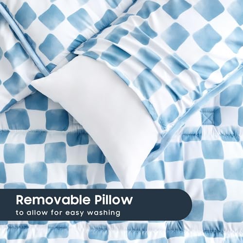 Image of Wake In Cloud - Toddler Nap Mat with Pillow and Minky Fleece Blanket, for Kids Boys Girls Ages 3 Plus in Daycare Preschool, Roll Up Sleeping Bag, Gingham Grid Checkered, Blue White, Standard