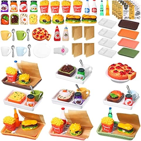 50 Pieces Dollhouse Miniature Fast Food Set Doll Food Drink Mini Fries Hamburger Juice Milk Bread Jam Cup Egg Miniature Kitchen Set 11.5 Inch Doll Accessories for 1:12 Dollhouse Decor Cover