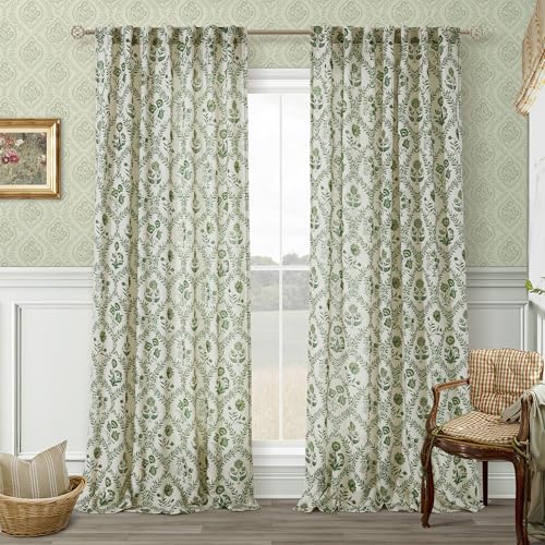 Image of Floral 102 Inch Linen Curtains Back Tab Living Room Curtains Olive Green