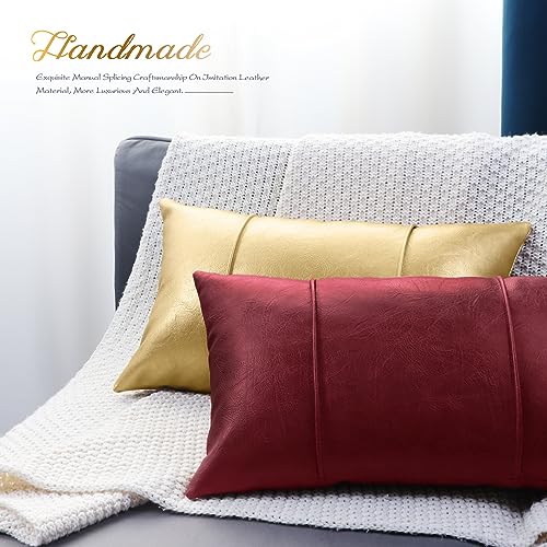 Image of BRAWARM Burgundy Leather Throw Pillow Covers 12 X 20 Inches - Faux Leather Lumbar Pillow Cover with Piping, Hand Stitched Leather Throw Pillow for Couch Sofa Bed Living Room Home Decorative
