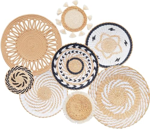 Tel Charme * 8 Stück Boho Wanddeko Gewebtes Wandkorb Set, Boho-Wandkorb-Set, Gewebte Wandkorbdekoration, Handgefertigt, Runde Wandkunst für Bauernhaus, Schlafzimmer, Wohnzimmer, Küche