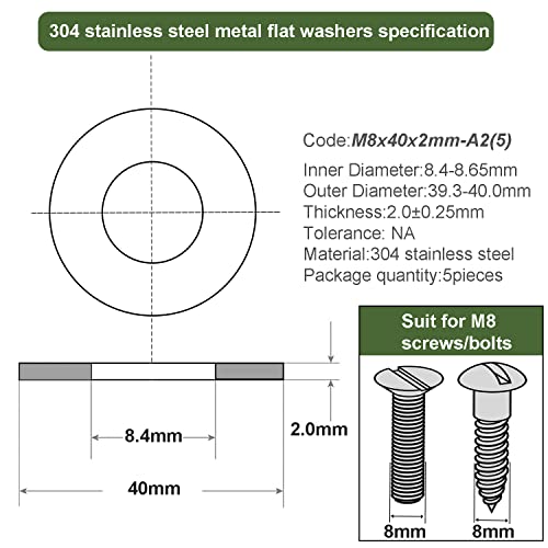 AMLOOPH M8 Washers, M8 x 40mm Metal Flat Penny Washer Thickness 2mm- A2 304 Stainless Steel Washers (5 Pack) - Image 2