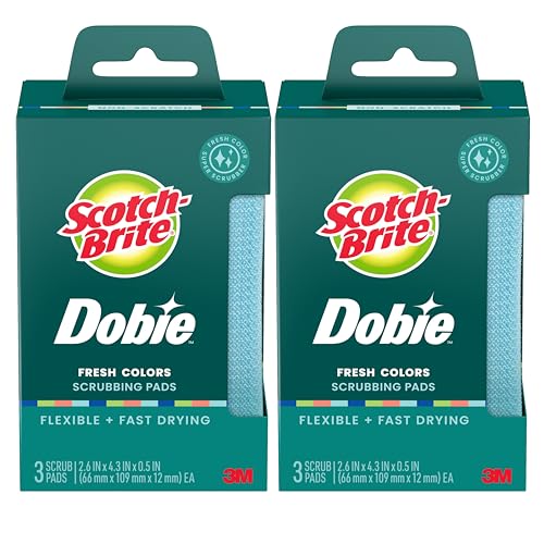 Scotch-Brite Dobie Non-Scratch All-Purpose Scrub Pads 6 Total Pads (2 Packs of 3) Reusable Scouring Sponges for Kitchen & Bathroom Safe on Non-Stick Cookware Assorted Colors