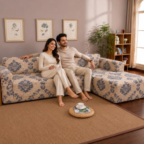 Image of Gifts Island Premium 160GSM Super Soft Beige Damask Stretchable Sofa Cover L Shape 7 Seater Fully Covered | Suitable for Both Left and Right Side Chaise Sofa (Beige Damask, 4+3 Seater)