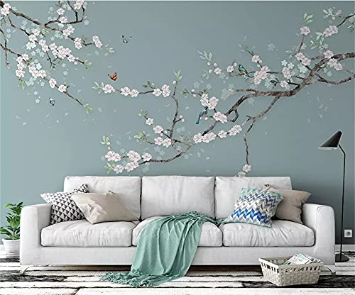 Pink Peach Blossom Flowers Wall Decals Watercolor Birds on Tree Branch Wall Stickers Removable DIY Floral Butterflies Wall Art Murals Home Decoration for Bedroom Living Room TV Background