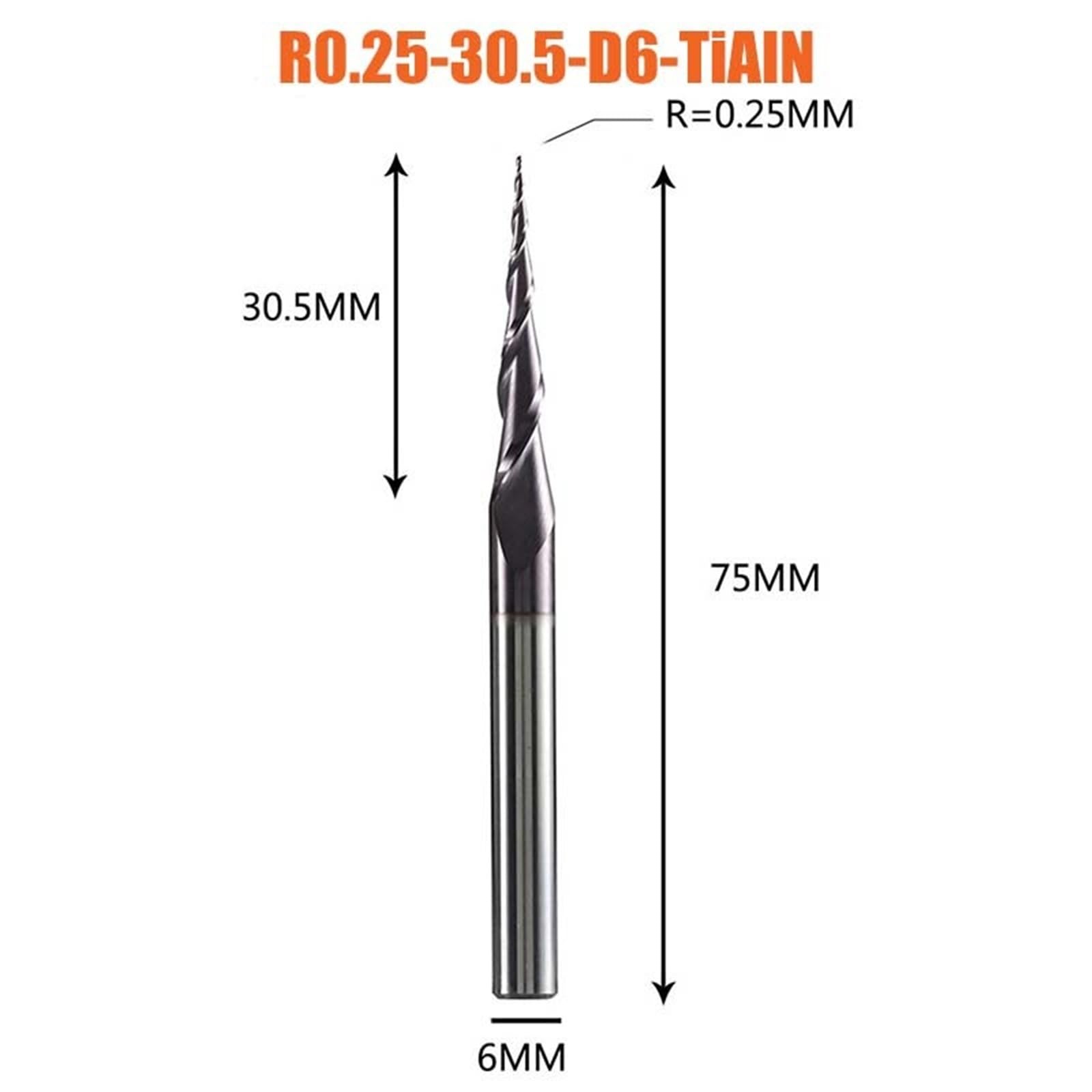 1 Uds. Broca De Punta De Bola Cónica Recubierta De Carburo Sólido Brocas De Fresado CNC For Madera Y Cortadores For Fresa De Extremo De Metal(R0.25-30.5-D6)