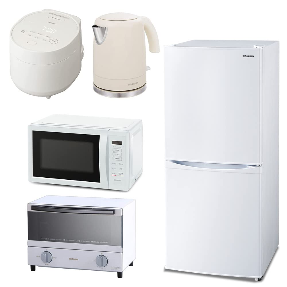 【新生活家電5点セット】 アイリスオーヤマ 冷蔵庫 142L + 電子レンジ 17L + 炊飯器 3合 + トースター + 電気ケトル 1L ホワイト