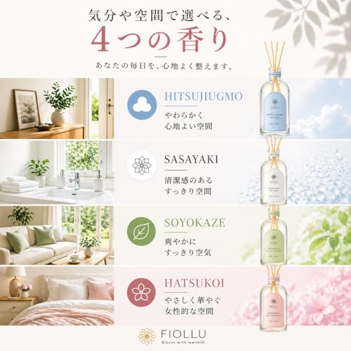 FIOLLU リードディフューザー 爽やかな柑橘＆グリーンティーの香り【SOYOKAZE】大容量250ml ルームフレグランス 玄関・寝室・リビング用 ギフト プレゼント