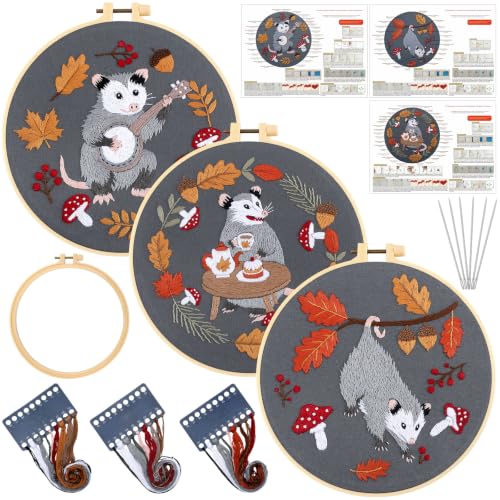 Image of Mindsoft 3 Set Needlepoint Kit for Beginners with Hoop,Autumn Possum | Bamboo Hoop Thread Needles Instructions, Easy Hand Embroidery for Beginners Home Crafts,Pre-stamped Funny Cute Designs