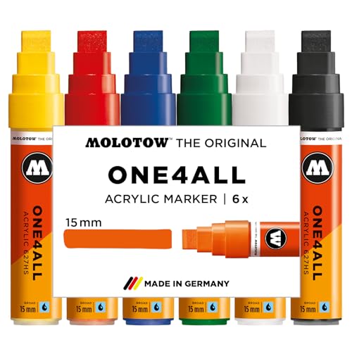 Molotow One4All 627HS Acryl Marker Basic Set 1 (15,0 mm Strichstärke, hochdeckend und permanent, schnell trocknend, nachfüllbar, für fast alle Untergründe) 6 Stück sortiert