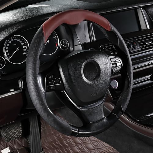 EIING ハンドルカバー 車用 軽自動車 5Dグリップ ステアリングカバー 本革 汎用 おしゃれ 通気性がよい 汚れ防止 滑り防止 オールシーズン対応 普通車 ハンドル 保護カバー 超薄型 S・M兼用 内装パーツ 車用品 車アクセサリー D型 円形 取付簡単 36.5～40cm (ブラック+ワインレッド) 7105