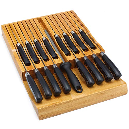 VaeFae Bamboo Knife Block Organizer for Drawer, Kitchen Knife Drawer Storage for 16