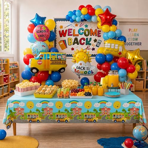 Image of Blue Orchards School Bus Tablecovers (Pack of 3) - Party Supplies, Back to School Decorations, Wheels Tablecloth, Kindergarten Graduation Decorations, School Bus Theme Party