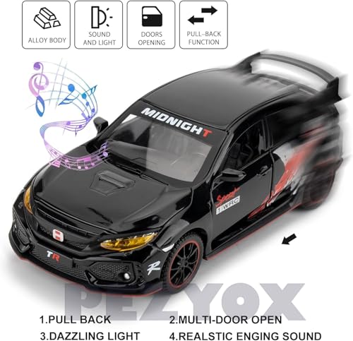 Image of 1 /32 Toy Car for Honda Civic Type-R Diecast Toy Vehicle Metal Pull Back Model Car with Light and Sound for Kids (Black)