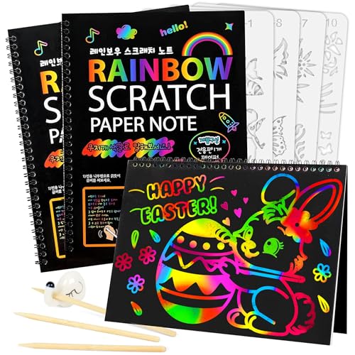 Mocoosy 3 Pack Rainbow Scratch Art Paper Notebooks, Magic Scratch Paper Set for Kids Arts Crafts, Black Scratch Note Doodle Pads for Drawing Activity Easter Basket Stuffers Boys Girls Birthday Gifts