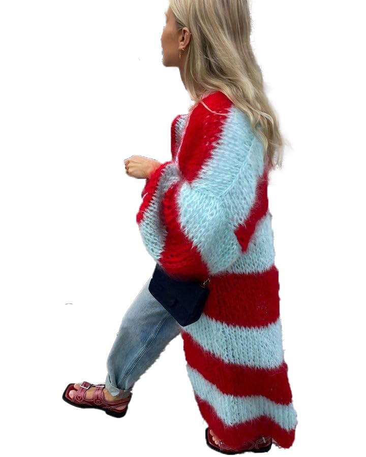 Oversized Striped Sweater Cardigan Women's Colorblocked Medium Long Open Front Cardigans Striped Knit Coat