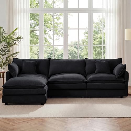 Image of 102 inch L Shaped Modular Sectional Sofa, Comfy Upholstery Chenille Cloud Couch with Ottoman, Modern 4-Seat Deep Seat Sofa with Pillow for Living Room, Bedroom, Apartment (Black)
