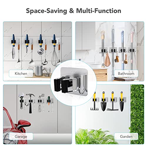 Image of homeasy Mop Broom Holder No Drill, Mop Broom Organizer Wall Mounted Heavy Duty with Hooks Hanger, Self Adhesive Stainless Steel 4Pcs for Bathroom, Kitchen, Office (Multicolor)