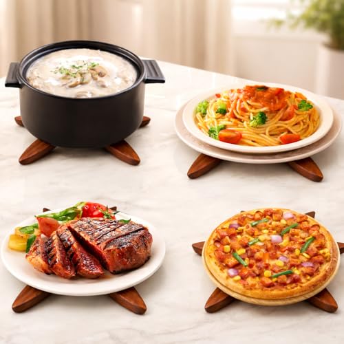 Image of Lyrovo Wooden Trivets for Hot Dishes, Tree Shape Trivet Set, 4 Walnut Wood + 1 Stand stored Like a Christmas Tree,Foldable Kitchen Wooden Trivet,for Hot Dishes、Pot、Bowl、Teapot、Hot Pot Holder