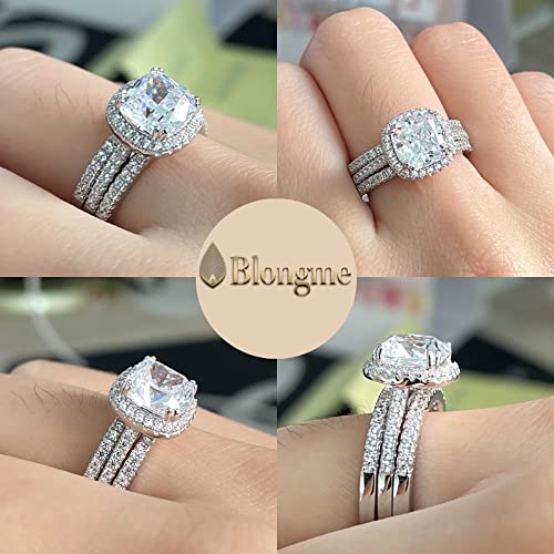 2.66CT Wedding Engagement Rings Set for Women 925 Sterling Silver Cushion Halo CZ Wedding Bands Promise Bridal Ring Enhancer for her Size 4-122