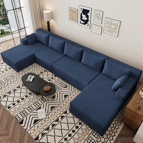 Image of 160 inch U-Shape Cloud Couch, Modern Modular Sectional U-Shape Sofa, Corduroy Boneless Couch Upholstered Couches Deep Seat Sleeper Chaise Longue for Living Room, No Assembly Required,Blue