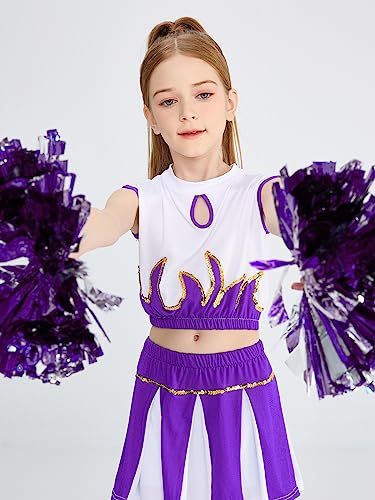 LOLANTA Girls Cheerleader Costume Cheerleading Children Dress Outfit Uniform with PomPoms(Purple, 5-6 years, Tag Size 120) - Image 2