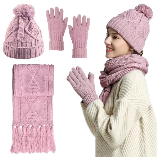 Hat Gloves Scarf Set Women Winter Knit Beanie Hat+Touchscreen Gloves+Long Scarve 3 in 1 Set Gift for Women Girls Pink